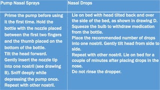 Pump Nasal Sprays Nasal Drops
• Prime the pump before using
it the first time. Hold the
bottle with the nozzle placed
between the first two fingers
and the thumb placed on the
bottom of the bottle.
• Tilt the head forward.
• Gently insert the nozzle tip
into one nostril (see drawing
B). Sniff deeply while
depressing the pump once.
• Repeat with other nostril.
• Lie on bed with head tilted back and over
the side of the bed, as shown in drawing D.
• Squeeze the bulb to withdraw medication
from the bottle.
• Place the recommended number of drops
into one nostril. Gently tilt head from side to
side.
• Repeat with other nostril. Lie on bed for a
couple of minutes after placing drops in the
nose.
• Do not rinse the dropper.
 