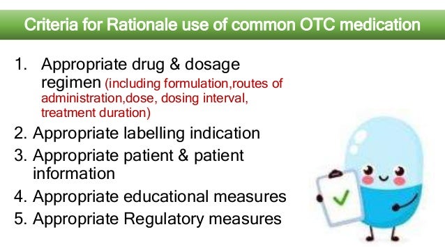 Criteria for Rationale use of common OTC medication
1. Appropriate drug & dosage
regimen (including formulation,routes of
administration,dose, dosing interval,
treatment duration)
2. Appropriate labelling indication
3. Appropriate patient & patient
information
4. Appropriate educational measures
5. Appropriate Regulatory measures
 