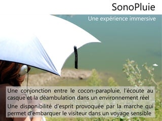 1212
Une expérience immersive
SonoPluie
Une conjonction entre le cocon-parapluie, l’écoute au
casque et la déambulation dans un environnement réel
Une disponibilité d’esprit provoquée par la marche qui
permet d’embarquer le visiteur dans un voyage sensible
 