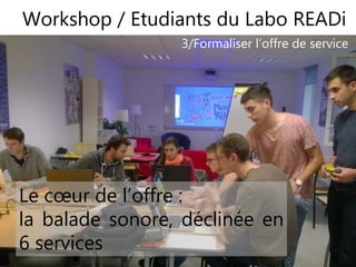 1818
3/Formaliser l’offre de service
Le cœur de l’offre :
la balade sonore, déclinée en
6 services
Workshop / Etudiants du Labo READi
 