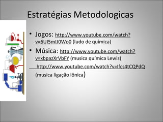 Estratégias Metodologicas
• Jogos: http://www.youtube.com/watch?
  v=6UI5mIJ0Wo0 (ludo de química)
• Música: http://www.youtube.com/watch?
  v=xbpazXrVbFY (musica química Lewis)
  http://www.youtube.com/watch?v=Ifcs4tCQPdQ
  (musica ligação iônica)
 