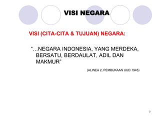 3
VISI NEGARA
VISI (CITA-CITA & TUJUAN) NEGARA:
“…NEGARA INDONESIA, YANG MERDEKA,
BERSATU, BERDAULAT, ADIL DAN
MAKMUR”
(ALINEA 2, PEMBUKAAN UUD 1945)
 