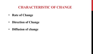 CHARACTERISTIC OF CHANGE
• Rate of Change
• Direction of Change
• Diffusion of change
 