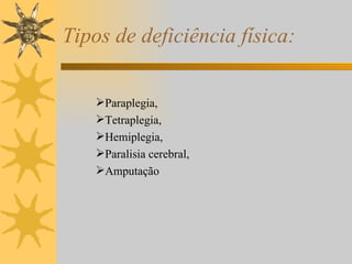 Tipos de deficiência física: Paraplegia, Tetraplegia, Hemiplegia, Paralisia cerebral, Amputação  