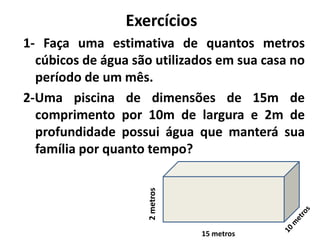 ALGUMAS CONVERSÕESKm³hm³dam³m³dm³cm³mm³1 dm³  = 1 litro1 m³   = 1000 litros1 dam³ = 1.000.000 litros ou 1000 m³1 hm³ = 1.000.000.000 litros ou 1000 dam³1 km³ = 1.000.000.000.000 litros ou 1000 hm³