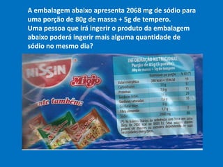 A maioria das tabelas nutricionaisRecomendam  2,4 g de sódio para Uma dieta de 2000.Para 2,4 g de sódio = 6 g de sal94 mg : 2400 mg = 0,0391Em porcentagem escrevemos0,0391 x 100 = 3,91 % ou seja,4% conforme ilustrado na embalagem