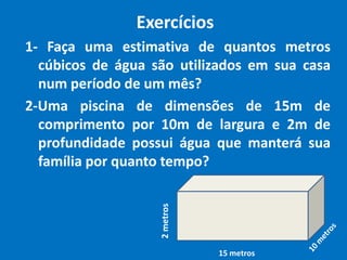ALGUMAS CONVERSÕESKm³hm³dam³m³dm³cm³mm³1 dm³  = 1 litro1 m³   = 1000 litros1 dam³ = 1.000.000 litros ou 1000 m³1 hm³ = 1.000.000.000 litros ou 1000 dam³1 km³ = 1.000.000.000.000 litros ou 1000 hm³