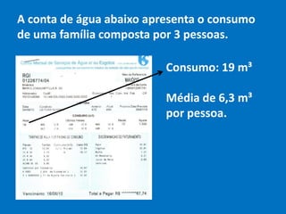 A conta de água abaixo apresenta o consumo de uma família composta por 2 pessoas.Consumo = 10m³Média de 5 m³ por pessoa