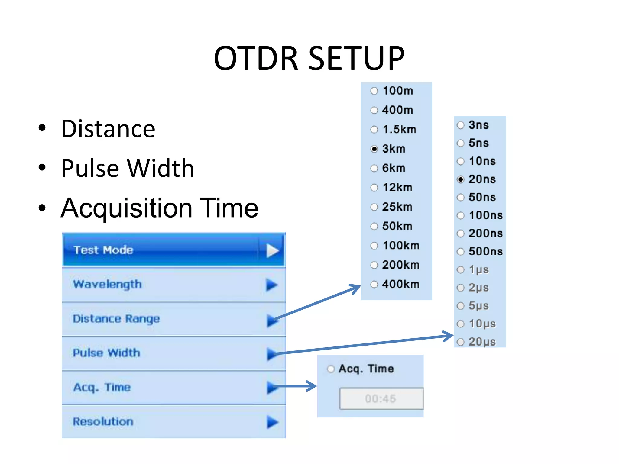 OTDR SETUP
• Distance
• Pulse Width
• Acquisition Time
 
