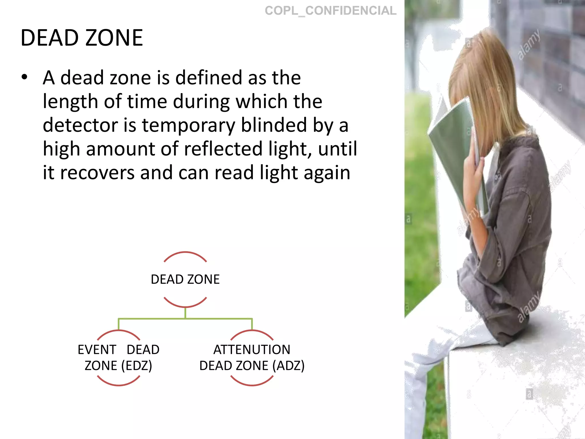DEAD ZONE
• A dead zone is defined as the
length of time during which the
detector is temporary blinded by a
high amount of reflected light, until
it recovers and can read light again
DEAD ZONE
EVENT DEAD
ZONE (EDZ)
ATTENUTION
DEAD ZONE (ADZ)
COPL_CONFIDENCIAL
 
