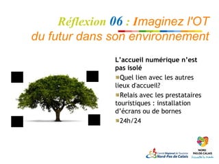 Réflexion 06 : Imaginez l'OT
du futur dans son environnement
               L’accueil numérique n’est
               pas isolé
                 Quel lien avec les autres
               lieux d'accueil?
                 Relais avec les prestataires
               touristiques : installation
               d’écrans ou de bornes
                 24h/24
 