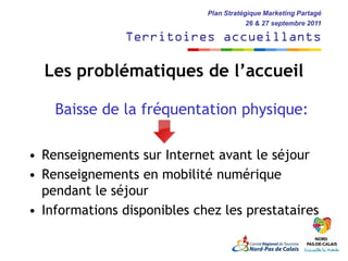 Plan Stratégique Marketing Partagé
                                         26 & 27 septembre 2011

               Territoires accueillants

  Les problématiques de l’accueil

    Baisse de la fréquentation physique:

• Renseignements sur Internet avant le séjour
• Renseignements en mobilité numérique
  pendant le séjour
• Informations disponibles chez les prestataires
 