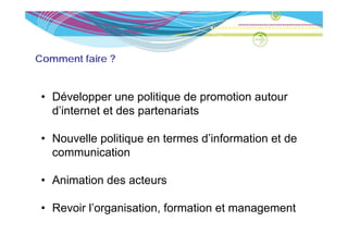 Comment faire ?


 • Développer une politique de promotion autour
   d’internet et des partenariats

 • Nouvelle politique en termes d’information et de
   communication

 • Animation des acteurs

 • Revoir l’organisation formation et management
          l organisation,
 