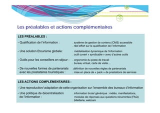 Les préalables et actions complémentaires
LES PRÉALABLES :
- Qualification de l’information :          . système de gestion de contenu (CMS) accessible
                                               y            g                     (      )
                                            . réel effort sur la qualification de l’information

- Une solution Etourisme globale:           . médiatisation dynamique de l’information
                                            . outil ouvert « syndicable » avec d’autres outils

- Outils pour les conseillers en séjour :   . ergonomie du poste de travail
                                            . bureau virtuel, carte de visite…

- De nouvelles formes de partenariats       .définition de nouvelles règles de partenariats
  avec les prestataires touristiques :      . mise en place de « pack » de prestations de services


LES ACTIONS COMPLÉMENTAIRES :
- Une reproduction/ adaptation de cette organisation sur l’ensemble des bureaux d’information
- Une politique de décentralisation         . information brute/ générique : météo, manifestations,
  de l’information :                          modules de réponses aux questions récurrentes (FAQ)
                                            . billetterie, webcam
 