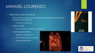 MANUEL LOURENZO
1. Diferentes ciclos temáticos:
1. Teatro mítico: denuncia do presente mediante a recreación
mitolóxica grecolatina
1. O perfil do crepúsculo
2. Teatro infantil:
1. Forno de teatro fantástico (volumen)
3. Teatro experimental:
1. Reflexións metateatrais
2. Teatro urxente-teatro mínimo
3. Veladas Indecentes
 