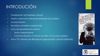 INTRODUCIÓN
1. Paralización actividade cultural
2. Teatro: exercicio individual afastado do público
3. Autores illados
4. Temática simbólico-existencial
5. Anos 60 rexurdimento teatro:
1. Teatro Independente
2. Certames literarios: Certame do Miño, I Concurso Castelao
6. Anos 70: I Mostra de Ribadavia (agrupación cultural Abrente)
 