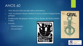 ANOS 60
1. 1963: Revista Grial recolle textos dramáticos
2. 1965: Fundación Grupo Teatral O Facho (teatro íntegramente
galego)
3. Proliferación de grupos: Teatro Circo, Grupo de Teatro Martín
Códax
4. Autores:
1. Daniel Cortezón
2. Manuel María
 