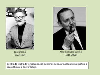 Lauro Olmo                                   Antonio Buero Vallejo
      (1922-1994)                                      (1916-2000)


Dentro do teatro de temática social, debemos destacar na literatura española a
Lauro Olmo e a Buero Vallejo.
 