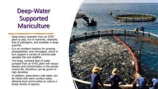 Deep-Water
Supported
Mariculture
• Deep-drawn seawater from an OTEC
plant is cold, rich in nutrients, relatively
free of pathogens, and available in large
quantity.
• It is an excellent medium for growing
phytoplankton and microalgae, which in
turn support a variety of commercially
valuable fish and shellfish.
• The large, constant flow of water
pumped from an OTEC plant will reduce
disease and contamination in the ponds;
marine life, therefore, can be grown in
high densities.
• In addition, deep-drawn cold water can
be mixed with warm surface water,
allowing local communities to culture a
broad variety of species.
 