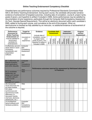 Online Teaching Endorsement Competency Checklist

Checklist items are performance outcomes required by Professional Standards Commission Rule
505-3-.85 Online Teaching Endorsement. During each course, the candidate will provide narrative
evidence of achievement of targeted outcomes, including date of completion, course #, project name,
grade (if given), and hyperlink to artifact if included in KMS. Some performances may be satisfied by
documentation of prior experience, particularly through the Computer Skill Competency Assessment
(In-Tech; Georgia Special Requirement). This will be an electronic document within each candidate’s
KMS, added to during each course, and cumulative to the end of the program. When an
item/outcome is checked as fully satisfied by an instructor, no additional evidence of achievement of
the outcome is required.

     Performance           Target for           Evidence             Candidate Self-                         Instructor                          Program
     Outcomes for         Performance                                 Assessment                            Assessment                            Advisor
   Online Teaching                           (include date of                                                                                   Assessment
   Endorsement (all       (course(s) or    completion, course
  must be satisfied to        prior          #, project name,




                                                                     satisfied

                                                                                 satisfied

                                                                                             satisfied

                                                                                                         satisfied

                                                                                                                     satisfied

                                                                                                                                 satisfied

                                                                                                                                             satisfied

                                                                                                                                                         satisfied

                                                                                                                                                                     satisfied
                                                                                 Partially




                                                                                                                     Partially




                                                                                                                                                         Partially
      recommend            experience)    grade (if given), and




                                                                                             Fully




                                                                                                                                 Fully




                                                                                                                                                                     Fully
     candidate for



                                                                     Not




                                                                                                         Not




                                                                                                                                             Not
                                          hyperlink to artifact if
     endorsement)                           included in KMS.
(I) effectively use and   Computer
assist others in word-    Skill
processing,               Competency
spreadsheet, and          Assessment
presentation
software.                 7601


(II) 1) effectively use   Computer
Internet browsers,        Skill
email applications        Competency
and online etiquette.     Assessment
                                          Performance outcomes reserved for assessment by field-based observation
                          7603                                        in Practicum.
(II) 2) candidates        7603
additionally can
design and maintain
a module using an
online course
learning
management system.
(III) incorporate         7602
visual resources into
an online module.
(IV) utilize              7601
synchronous and
asynchronous tools
effectively (i.e.,
discussion boards,
chat tools, electronic
whiteboards, etc.).
(V) troubleshoot          Computer
typical software and      Skill
hardware problems.        Competency
                          Assessment
 