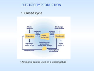 ELECTRICITY PRODUCTION
1. Closed cycle
• Ammonia can be used as a working fluid
 