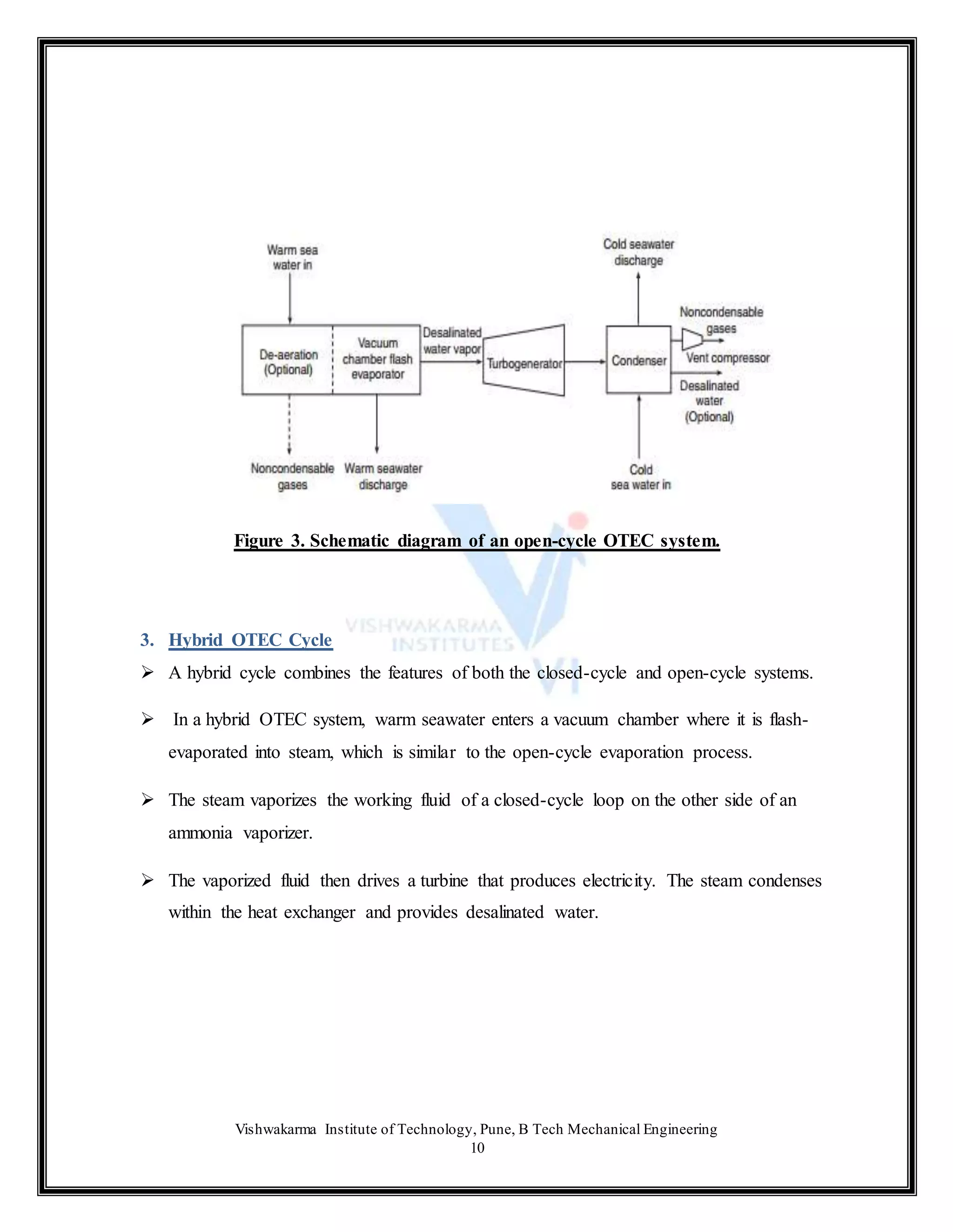 Vishwakarma Institute of Technology, Pune, B Tech Mechanical Engineering
10
Figure 3. Schematic diagram of an open-cycle OTEC system.
3. Hybrid OTEC Cycle
 A hybrid cycle combines the features of both the closed-cycle and open-cycle systems.
 In a hybrid OTEC system, warm seawater enters a vacuum chamber where it is flash-
evaporated into steam, which is similar to the open-cycle evaporation process.
 The steam vaporizes the working fluid of a closed-cycle loop on the other side of an
ammonia vaporizer.
 The vaporized fluid then drives a turbine that produces electricity. The steam condenses
within the heat exchanger and provides desalinated water.
 