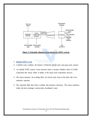 Vishwakarma Institute of Technology, Pune, B Tech Mechanical Engineering
10
Figure 3. Schematic diagram of an open-cycle OTEC system.
3. Hybrid OTEC Cycle
 A hybrid cycle combines the features of both the closed-cycle and open-cycle systems.
 In a hybrid OTEC system, warm seawater enters a vacuum chamber where it is flash-
evaporated into steam, which is similar to the open-cycle evaporation process.
 The steam vaporizes the working fluid of a closed-cycle loop on the other side of an
ammonia vaporizer.
 The vaporized fluid then drives a turbine that produces electricity. The steam condenses
within the heat exchanger and provides desalinated water.
 