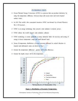 Vishwakarma Institute of Technology, Pune, B Tech Mechanical Engineering
6
INTRODUCTION
 Ocean Thermal Energy Conversion (OTEC) is a process that can produce electricity by
using the temperature difference between deep cold ocean water and warm tropical
surface water.
 In 1881 The world’s first conceptual invention OTEC was formed by a French Physicist
Mr. J. D’Arsonval .
 OTEC is an energy technology that converts solar radiation to electric power .
 OTEC utilizes the world’s largest solar radiation collector.
 OTEC technology is easily applicable in many industrial fields for recovery and saving of
energy in lower temperature range and small thermal head.
 Some of temperature distribution of ocean seawater measured in vertical direction in
tropical and subtropical zones are shown in Fig.1.
 Greater the temperature difference , greater will be the efficiency.
 Greater the depth , lesser will be the temperature.
Figure 1. Distribution of Seawater Temperature.
 