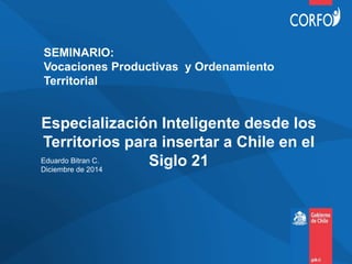 SEMINARIO:
Vocaciones Productivas y Ordenamiento
Territorial
Eduardo Bitran C.
Diciembre de 2014
Especialización Inteligente desde los
Territorios para insertar a Chile en el
Siglo 21
 