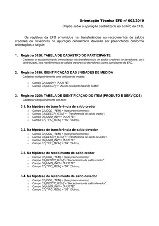 Orientação Técnica EFD no 002/2010 - SET/RN - Apuração Centalizada | PDF