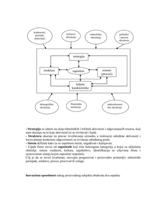 - Strategija se odnosi na skup tehnoloških i trţišnih aktivnosti i odgovarajućih resursa, koji
nam ukazuju na to koje aktivnosti će se izvršavati i kada.
- Struktura ukazuje na pravac izveštavanja uĉesnika u realizaciji odreĊene aktivnosti i
locira pitanje konkretne odgovornosti za izvršenje odreĊenog posla.
- Sistem definiše kako će se uspešnost meriti, nagaĊivati i kaţnjavati.
- Uspeh firme zavisi od zaposlenih koji ĉine heterogenu kategoriju u kojoj su ukljuĉena
obeleţja: sistem vrednosti, kultura, zajedništvo, identifikacija sa ciljevima firme i
raznovrsnost znanja kojim zaposleni raspolaţu.
Cilj je da se stvori kvalitetan, razvojno progresivan i proizvodno primenljiv tehnološki
postupak, sredstvo, proces, proizvod ili usluga.
Inovaciona sposobnost nekog proizvodnog subjekta obuhvata dva aspekta:
zaposlenistruktura
ţeljene
karakteristike
sistemi
(procesi)
strategija
konkurenti,
potošaĉi,
dobavljaĉi
kulturno
okruţenje
tehnološko
okruţenje
politiĉko
i pravno
okruţenje
demografsko
okruţenje
finansijske
institucije
makroekonom
sko okruţenje
 
