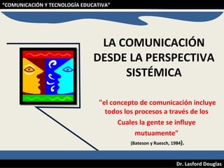 “COMUNICACIÓN Y TECNOLOGÍA EDUCATIVA”

LA COMUNICACIÓN
DESDE LA PERSPECTIVA
SISTÉMICA
"el concepto de comunicación incluye
todos los procesos a través de los
Cuales la gente se influye
mutuamente"
(Bateson y Ruesch, 1984).

Dr. Lasford Douglas

 