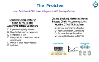 The Problem
 Expensive hospitality software
 Huge hardware server investments
 Complicated to use
 Companies lock hotel with contract
commitments
 Manual or Excel Record keeping
 Inefficient
Small Hotel Operators/
Short-term Rental
Accommodation Operators
Online Booking Platform/ Hotel
Budget Chain Accommodation/
Muslim OTA/STR Platform
 No “real time” channel integration
 Room Cancellation, Overbooking
 Decrease Average Room Rate
 Low quality standard and service
Hotel Dashboard PMS never integrated with Booking Channel
 