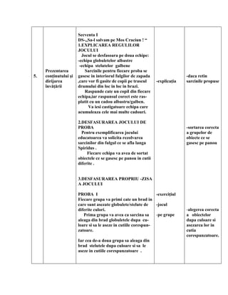 5.
Prezentarea
conţinutului şi
dirijarea
învăţării
Secventa I
DS-,,Sa-l salvam pe Mos Craciun ! “
1.EXPLICAREA REGULILOR
JOCULUI
Jocul se desfasoara pe doua echipe:
-echipa globuletelor albastre
-echipa stelutelor galbene
Sarcinile pentru fiecare proba se
gasesc in interiorul fulgilor de zapada
,care vor fi gasite de copii pe traseul
drumului din loc in loc in brazi.
Raspunde cate un copil din fiecare
echipa,iar raspunsul corect este ras-
platit cu un cadou albastru/galben.
Va iesi castigatoare echipa care
acumuleaza cele mai multe cadouri.
2.DESFASURAREA JOCULUI DE
PROBA
Pentru exemplificarea jocului
educatoarea va solicita rezolvarea
sarcinilor din fulgul ce se afla langa
Spiridus .
Fiecare echipa va avea de sortat
obiectele ce se gasesc pe panou in cutii
diferite .
3.DESFASURAREA PROPRIU -ZISA
A JOCULUI
PROBA I
Fiecare grupa va primi cate un brad in
care sunt asezate globulete/stelute de
diferite culori.
Prima grupa va avea ca sarcina sa
aleaga din brad globuletele dupa cu-
loare si sa le aseze in cutiile corespun-
zatoare.
Iar cea de-a doua grupa sa aleaga din
brad stelutele dupa culoare si sa le
aseze in cutiile corespunzatoare .
-explicaţia
-exerciţiul
-jocul
-pe grupe
-daca retin
sarcinile propuse
-sortarea corecta
a grupelor de
obiecte ce se
gasesc pe panou
-alegerea corecta
a obiectelor
dupa culoare si
asezarea lor in
cutia
corespunzatoare.
 