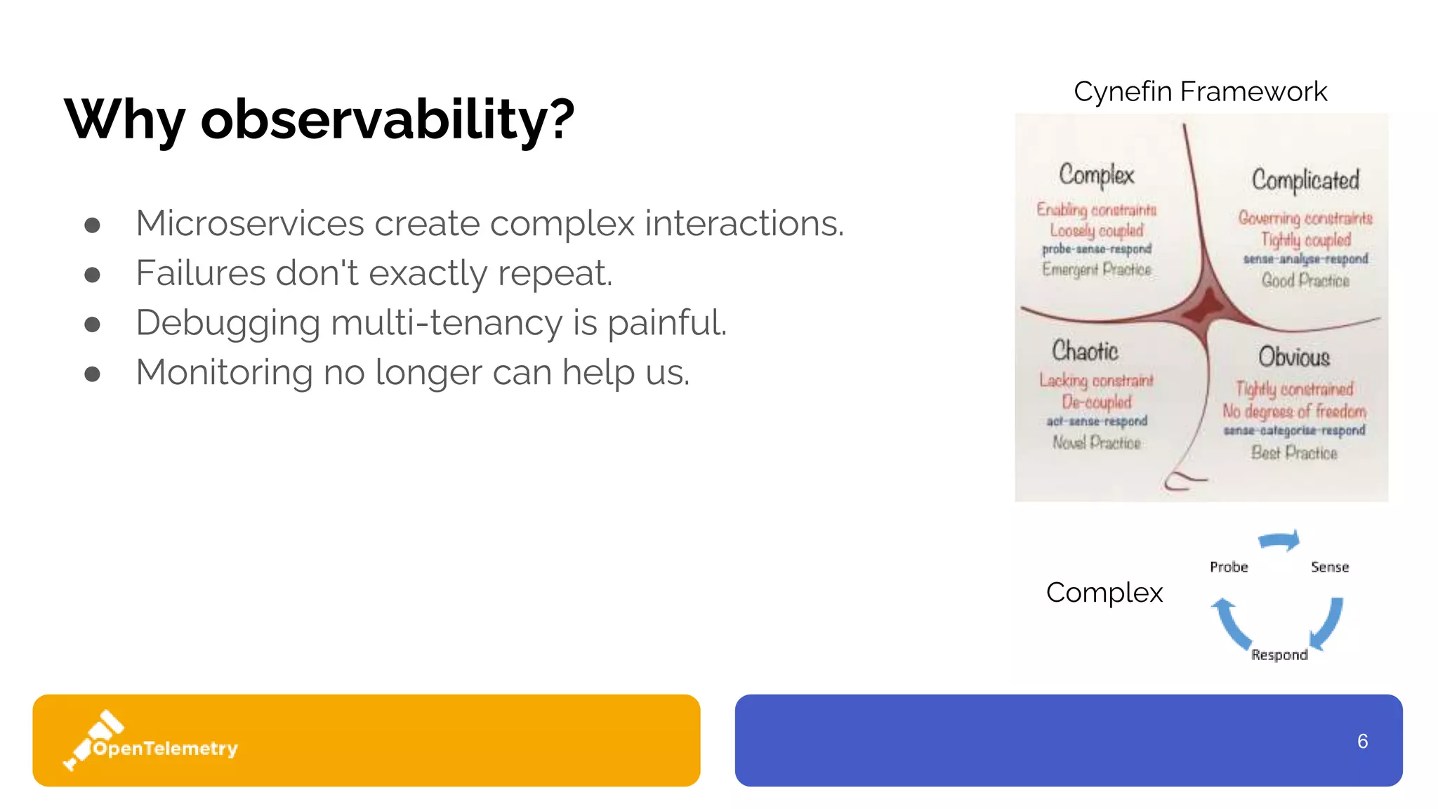 6
Why observability?
● Microservices create complex interactions.
● Failures don't exactly repeat.
● Debugging multi-tenancy is painful.
● Monitoring no longer can help us.
Cynefin Framework
Complex
 