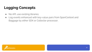 41
Logging Concepts
● No API, use existing libraries
● Log events enhanced with key-value pairs from SpanContext and
Baggage by either SDK or Collector processor.
 