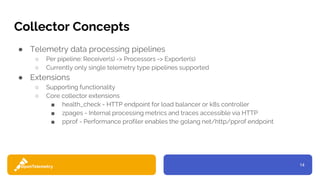 14
Collector Concepts
● Telemetry data processing pipelines
○ Per pipeline: Receiver(s) -> Processors -> Exporter(s)
○ Currently only single telemetry type pipelines supported
● Extensions
○ Supporting functionality
○ Core collector extensions
■ health_check - HTTP endpoint for load balancer or k8s controller
■ zpages - Internal processing metrics and traces accessible via HTTP
■ pprof - Performance profiler enables the golang net/http/pprof endpoint
 