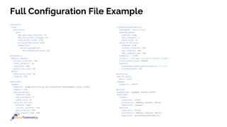 receivers:
otlp:
protocols:
grpc:
max_recv_msg_size_mib: 32
max_concurrent_streams: 16
read_buffer_size: 1024
write_buffer_size: 1024
keepalive:
server_parameters:
max_connection_idle: 10s
processors:
memory_limiter:
ballast_size_mib: 192
check_interval: 5s
limit_mib: 448
spike_limit_mib: 64
batch:
send_batch_size: 64
timeout: 15s
exporters:
jaeger:
endpoint: jaeger.monitoring.svc.storefront-development.local.:14250
timeout: 10s
sending_queue:
enabled: true
num_consumers: 2
queue_size: 10
retry_on_failure:
enabled: true
initial_interval: 10s
max_interval: 60s
max_elapsed_time: 10m
prometheusremotewrite:
namespace: "monitoring"
sending_queue:
enabled: true
num_consumers: 2
queue_size: 10
retry_on_failure:
enabled: true
initial_interval: 10s
max_interval: 60s
max_elapsed_time: 10m
endpoint: ":8888"
ca_file: "/etc/pki/tls/certs/carbon-lb.pem"
write_buffer_size: 524288
headers:
Prometheus-Remote-Write-Version: "0.1.0"
X-Scope-OrgID: 234
extensions:
health_check:
port: 13133
zpages:
endpoint: :55679
service:
extensions: [zpages, health_check]
pipelines:
traces:
receivers: [otlp]
processors: [memory_limiter, batch]
exporters: [jaeger]
metrics:
receivers: [otlp]
processors: [memory_limiter, batch]
exporters: [prometheusremotewrite]
Full Configuration File Example
 