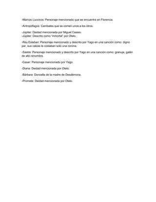 -Marcos Luccicos: Personaje mencionado que se encuentra en Florencia.
-Antropófagos: Caníbales que se comen unos a los otros.
-Júpiter: Deidad mencionada por Miguel Cassio.
-Júpiter: Descrito como “inmortal” por Otelo.
-Rey Esteban: Personaje mencionado y descrito por Yago en una canción como: digno
par, sus calzas le costaban solo una corona.
-Sastre: Personaje mencionado y descrito por Yago en una canción como: granuja, galán
de alto renombre.
-Cesar: Personaje mencionado por Yago.
-Diana: Deidad mencionada por Otelo.
-Bárbara: Doncella de la madre de Desdémona.
-Promete: Deidad mencionada por Otelo.
 