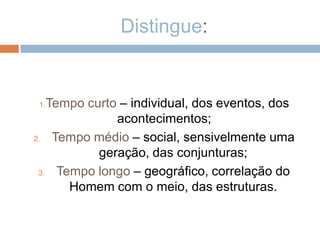 Distingue:Tempo curto – individual, dos eventos, dos acontecimentos;Tempo médio – social, sensivelmente uma geração, das conjunturas;Tempo longo – geográfico, correlação do Homem com o meio, das estruturas.
