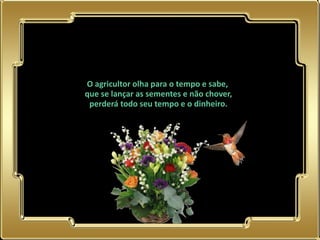 O agricultor olha para o tempo e sabe,
           que se lançar as sementes e não chover,
            perderá todo seu tempo e o dinheiro.




02.05.11
 