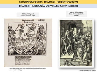 XILOGRAVURA ‘DE FIO’: SÉCULO XII (OCIDENTE/EUROPA)
Michael Wolgemut
Dança macabra, 1493
http://www.vintage-maps.com/1826-large_default/schedel-death-dance-
danse-macabre-1493.jpg
SÉCULO XI – FABRICAÇÃO DO PAPEL EM XÀTIVA (Espanha)
Martin Schongauer
Ecce Homo, século XV
MoMA
Profa. Dra. Catarina Argolo
 