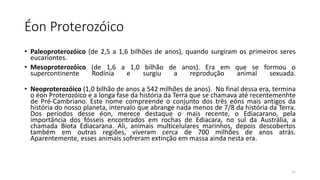 Éon Proterozóico
• Paleoproterozóico (de 2,5 a 1,6 bilhões de anos), quando surgiram os primeiros seres
eucariontes.
• Mesoproterozóico (de 1,6 a 1,0 bilhão de anos). Era em que se formou o
supercontinente Rodínia e surgiu a reprodução animal sexuada.
• Neoproterozóico (1,0 bilhão de anos a 542 milhões de anos). No final dessa era, termina
o éon Proterozóico e a longa fase da história da Terra que se chamava até recentemenhte
de Pré-Cambriano. Este nome compreende o conjunto dos três eóns mais antigos da
história do nosso planeta, intervalo que abrange nada menos de 7/8 da história da Terra.
Dos períodos desse éon, merece destaque o mais recente, o Ediacarano, pela
importância dos fósseis encontrados em rochas de Ediacara, no sul da Austrália, a
chamada Biota Ediacarana. Ali, animais multicelulares marinhos, depois descobertos
também em outras regiões, viveram cerca de 700 milhões de anos atrás.
Aparentemente, esses animais sofreram extinção em massa ainda nesta era.
11
 