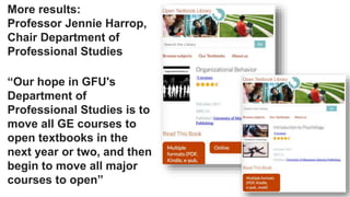 Open Textbook Initiative–Incentivizing Innovation
George Fox Faculty Open Textbook Workshop Results
- Nine of 12 eligible George Fox faculty members
submitted reviews and received a $200 stipend
- Five faculty who reviewed and adopted Open Textbook
Library titles receive an additional $500 course
redesign stipend
- One faculty member committed to author an open
textbook, $3000 stipend (additional $1500 allocated for
copy editing)
 