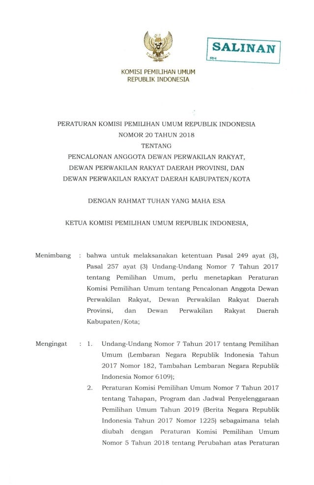 Pkpu Nomor 20 Tahun 2019 Tentang Syarat Pencalonan Legislatif