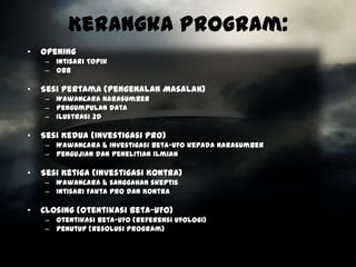 Kerangka Program:
•   Opening
     – Intisari Topik
     – OBB

•   Sesi Pertama (Pengenalan Masalah)
     – Wawancara narasumber
     – Pengumpulan data
     – Ilustrasi 3D

•   Sesi Kedua (Investigasi Pro)
     – Wawancara & Investigasi Beta-UFO kepada narasumber
     – Pengujian dan penelitian ilmiah

•   Sesi Ketiga (Investigasi Kontra)
     – Wawancara & sanggahan skeptis
     – Intisari Fakta Pro dan Kontra

•   Closing (Otentikasi Beta-UFO)
     – Otentikasi Beta-UFO (Referensi Ufologi)
     – Penutup (Resolusi Program)
 