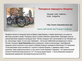 Пройдите летом по походной тропе по берегу озера Кяэрику, а зимой прокатитесь на лыжах по
местным склонам и лесам. Походные тропы и лыжня отмечены указателями, благодаря чему вы
всегда безопасно придете в исходный пункт. Летних походных троп насчитывается три: беговая на 5
км; тропа вокруг озера -2,3 км и круг Сейнамяги – 4,6 км для любителей экстремального спорта.
Летнюю походную тропу Кекконена можно преодолеть также на велосипеде. Своеобразное
название тропа получила в честь визита в Кяэрику бывшего президента Финляндии У.К. Кекконена.
15-километровая тропа начинается с лыжного стадиона Кяэрику и, извиваясь вверх и вниз,
пролегает через живописные места, в том числе и холм Харимяги. Харимяги - это самым высокий
холмом Отепяэской возвышенности ( 211,3 м выше уровня моря). У тропы Кекконена находится
Харимяэская деревянная смотровая вышка высотой 28 м.
Походные маршруты Кяэрику
Otepää vald, Kääriku
küla, Valgama
www.tehvandi.ee/?Lang=rus&ver
http://www.otepaaloodus.ee/
 