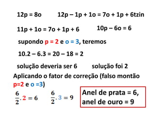 12p = 8o      12p – 1p + 1o = 7o + 1p + 6tzin

 11p + 1o = 7o + 1p + 6       10p – 6o = 6
 supondo p = 2 e o = 3, teremos
 10.2 – 6.3 = 20 – 18 = 2
 solução deveria ser 6     solução foi 2
Aplicando o fator de correção (falso montão
p=2 e o =3)
                          Anel de prata = 6,
                          anel de ouro = 9
 