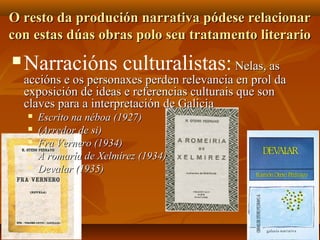 O resto da produción narrativa pódese relacionarO resto da produción narrativa pódese relacionar
con estas dúas obras polo seu tratamento literariocon estas dúas obras polo seu tratamento literario
 Narracións culturalistas: Nelas, asNelas, as
accións e os personaxes perden relevancia en prol daaccións e os personaxes perden relevancia en prol da
exposición de ideas e referencias culturais que sonexposición de ideas e referencias culturais que son
claves para a interpretación de Galiciaclaves para a interpretación de Galicia
 Escrito na néboa (1927)Escrito na néboa (1927)
 (Arredor de si)(Arredor de si)
 Fra Vernero (1934)Fra Vernero (1934)
 A romaría de Xelmírez (1934)A romaría de Xelmírez (1934)
 Devalar (1935)Devalar (1935)
 