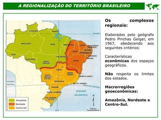 '
A REGIONALIZAÇÃO DO TERRITÓRIO BRASILEIRO

Os complexos
regionais:
Elaborados pelo geógrafo
Pedro Pinchas Geiger, em
1967, obedecendo aos
seguintes critérios:
Características
econômicas dos espaços
geográficos.
Não respeita os limites
dos estados.
Macrorregiões
geoeconômicas:
Amazônia, Nordeste e
Centro-Sul.
 